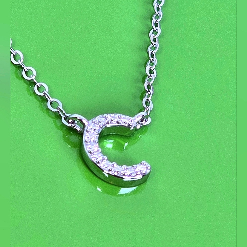 925 Sterling Silver Alphabet Letter "C" Necklace with Genuine Moissanite Gem
